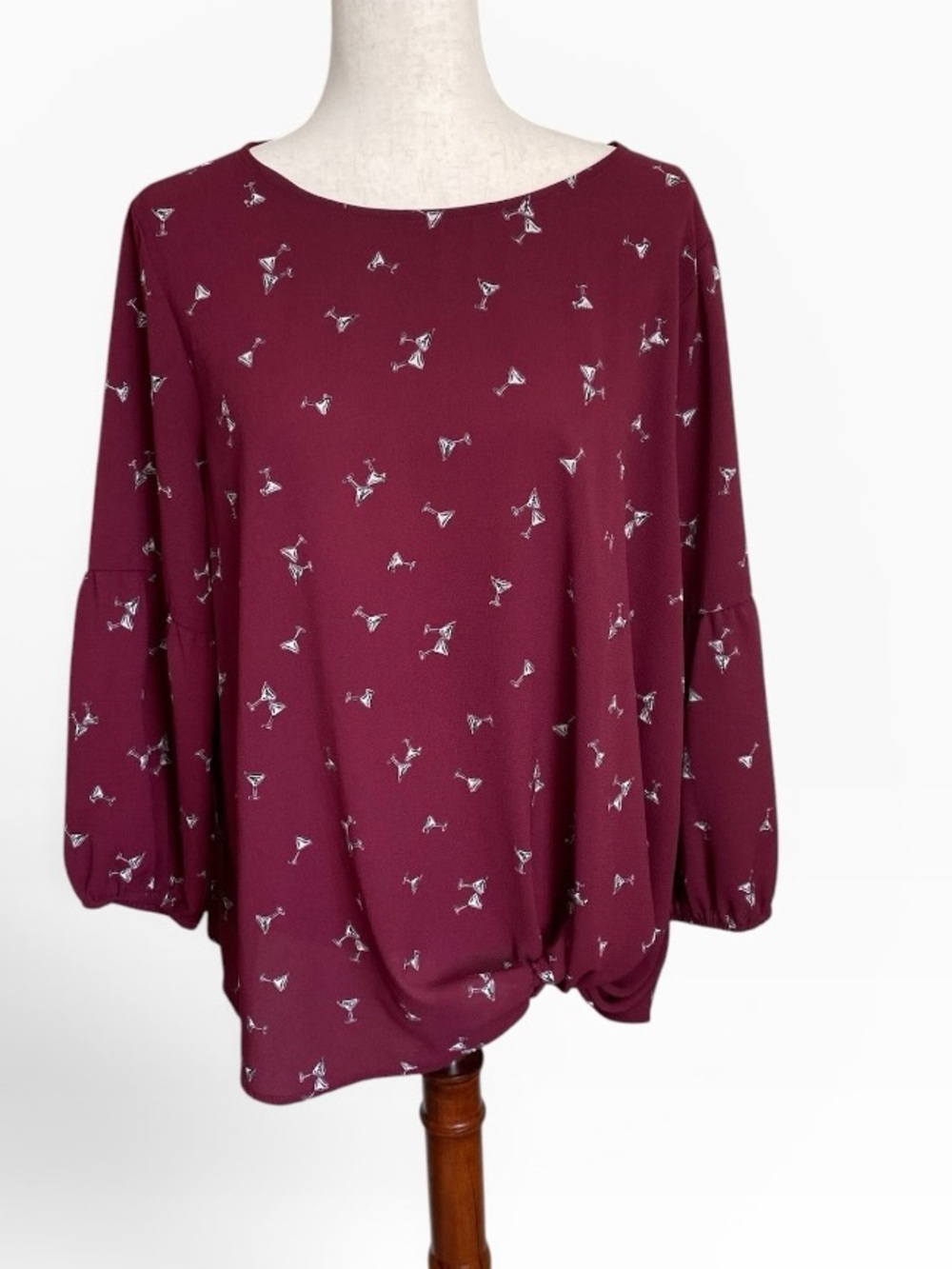dressbarn Burgundy Martini Cocktail Balloon-Sleeve Blouse